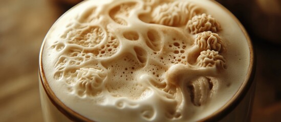 Poster - Intricately designed latte art in a coffee cup showcasing detailed foam patterns and textures with soft lighting and wooden background.