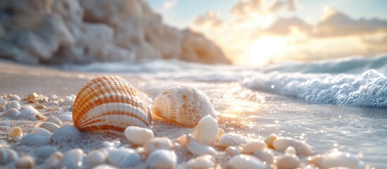 Aufkleber - Seashells on sandy beach with gentle waves and sunset in background showcasing coastal beauty and tranquility Copy Space