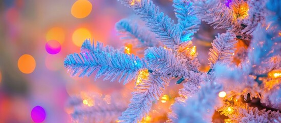 Aufkleber - Frosted artificial Christmas tree branches with colorful bokeh lights in the background suitable for holiday themes and designs
