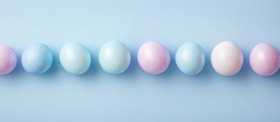 Poster - Pastel colored decorative eggs arranged in a straight line on a light blue background with copy space