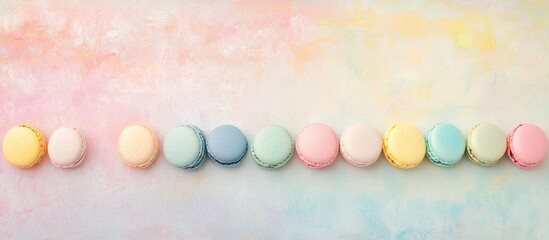 Poster - Colorful assortment of macarons arranged in a line on a pastel textured background with plenty of Copy Space for text placement.