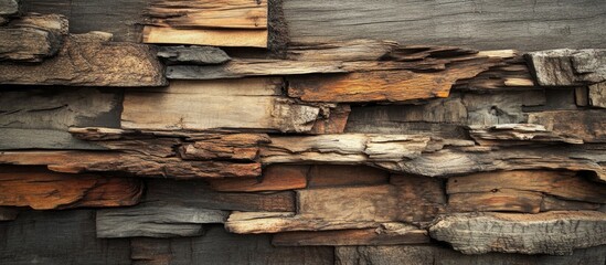 Poster - Textured wooden wall with various shades of brown, grey, and orange stacked planks, natural material background, Copy Space