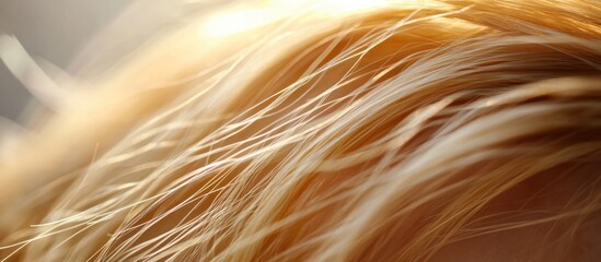 Poster - Close-up of golden blonde hair strands illuminated by soft light showcasing texture and shine with Copy Space