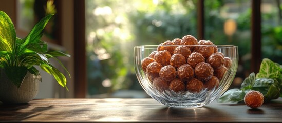 Aufkleber - Bowl filled with spherical snacks placed on a wooden table surrounded by greenery and natural light Copy Space