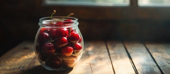 Aufkleber - Fresh cherries in a glass jar on a wooden table with natural light coming through a window Copy Space