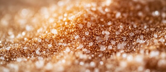 Poster - Close-up of granulated sugar with a shimmering golden hue and blurred background ideal for textures and culinary themes Copy Space