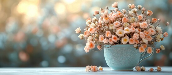 Aufkleber - Floral arrangement of delicate pastel-colored flowers in a vintage cup on a wooden surface with a blurred background Copy Space