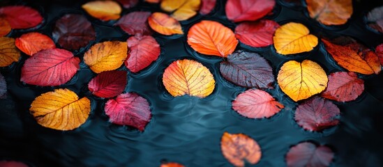 Aufkleber - Colorful autumn leaves floating on a dark water surface with ripples and reflections Copy Space