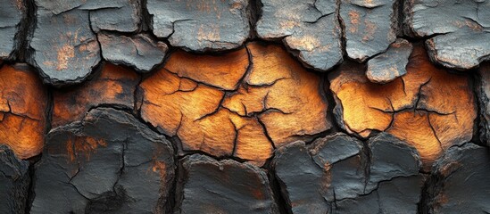 Poster - Burnt wood texture with cracks and glowing orange highlights in detailed close-up, ideal for backgrounds and texturing projects