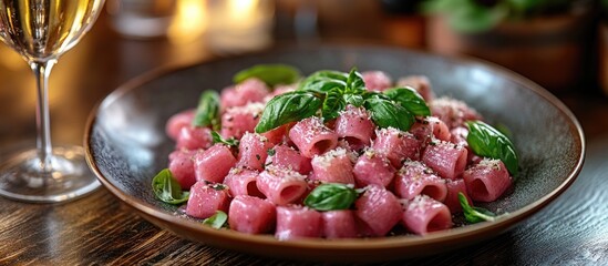 Aufkleber - Pasta dish with pink sauce topped with fresh basil leaves served in a rustic bowl alongside a glass of white wine on a wooden table Copy Space