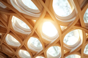 Poster - Natural light streams through an intricate wooden lattice frame showcasing the artistry in prefabricated construction and design elements