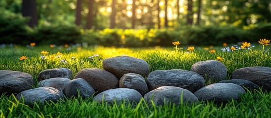 Aufkleber - Stone arrangement on green grass with wildflowers under soft sunlight in a forest setting Copy Space