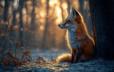 Wall Mural - Majestic red fox at sunset in winter forest