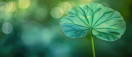 Poster - Large green lotus leaf with intricate veins on a blurred green background ideal for nature themes and botanical designs Copy Space
