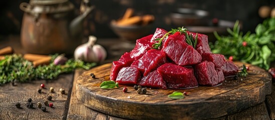 Poster - Raw diced red meat on wooden cutting board surrounded by herbs and spices in rustic kitchen setting with dark background and warm lighting. Copy Space
