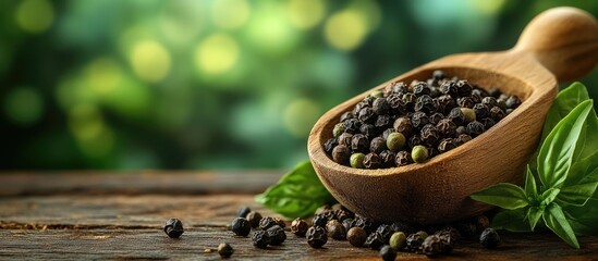 Poster - Black pepper and green peppercorns in a wooden scoop on a rustic wooden table with basil leaves and blurred green background Copy Space