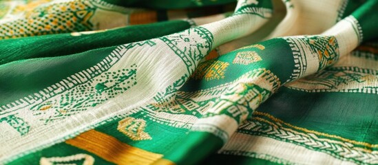 Poster - Textured close-up of traditional green fabric with intricate patterns and designs showcasing textile craftsmanship with Copy Space.