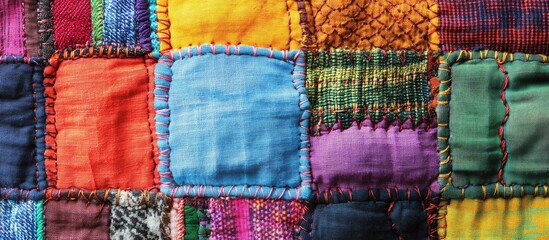 Aufkleber - Colorful patchwork quilt with various textile patterns and textures showing intricate stitching and vibrant colors Copy Space
