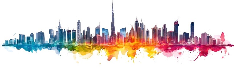 Wall Mural - Colorful watercolor skyline of a modern city with tall buildings and vibrant splashes of paint