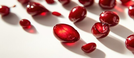 Aufkleber - Red glossy pomegranate seeds scattered on a white surface with soft shadows and reflections Copy Space