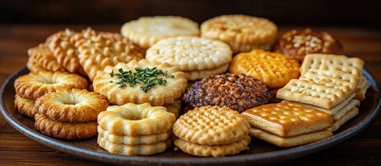 Poster - Variety of baked cookies and crackers on a round plate with textured surfaces and different colors, wooden background, Copy Space