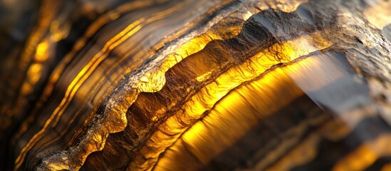 Poster - Close-up view of a polished tiger's eye gemstone showing vibrant golden and brown stripes with natural textures and reflective surfaces Copy Space