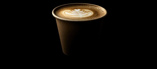 Poster - Coffee cup with latte art on top set against a black background with dramatic lighting Copy Space