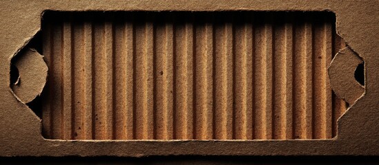 Aufkleber - Textured brown cardboard background with cut-out rectangular shape and circular holes on either side showcasing layered interior. Copy Space