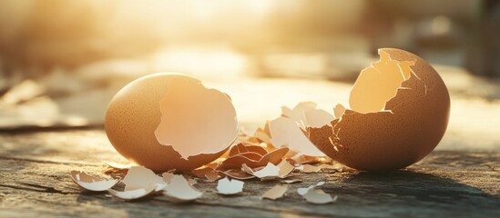 Poster - Broken egg shells on wooden surface with natural sunlight creating warm ambiance and copy space for text placement