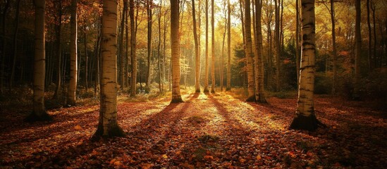 Aufkleber - Autumn forest landscape with golden light shining through trees and colorful fallen leaves on the ground, peaceful natural scene with copy space
