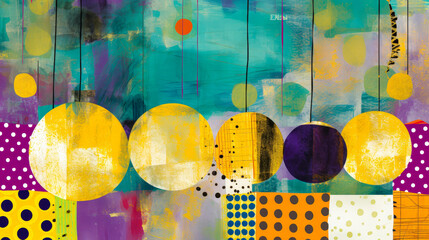 Leinwandbilder - Colorful abstract artwork featuring hanging circles and geometric patterns on a vibrant backdrop
