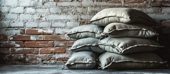 Aufkleber - Stack of vintage cushions against a textured brick wall in a rustic indoor setting with soft neutral colors and subtle lighting.Copy Space