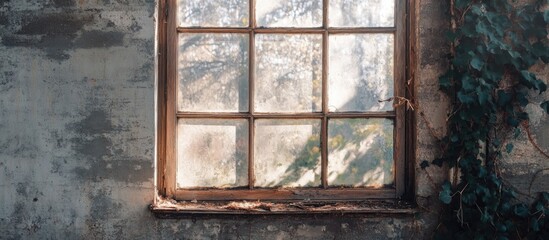Poster - Old wooden window frame with glass panes in a rustic wall, natural light illuminating dust and shadows, greenery partially visible, Copy Space