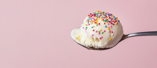Poster - Spoon holding a scoop of vanilla ice cream topped with colorful sprinkles on a soft pink background with Copy Space