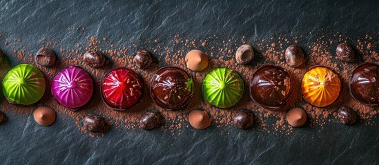 Poster - Colorful gourmet chocolates arranged on dark slate surface with cocoa powder and nuts, Copy Space