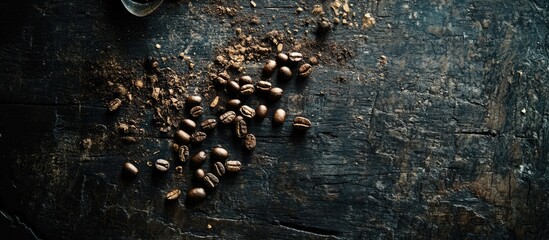 Poster - Coffee beans scattered on a rustic wooden surface with coffee grounds and a glass, detailed view, Copy Space