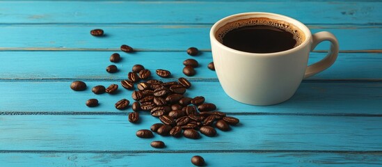 Poster - Coffee cup with black coffee and scattered roasted coffee beans on blue wooden background with Copy Space