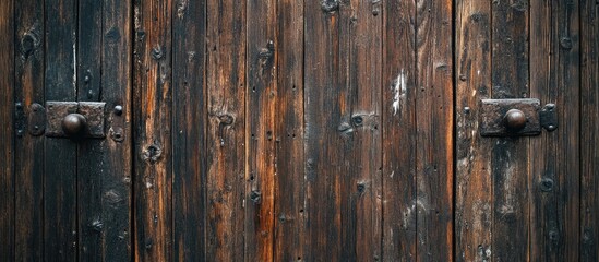 Poster - Weathered wooden door background with metal handles providing texture and detail suitable for various design applications Copy Space
