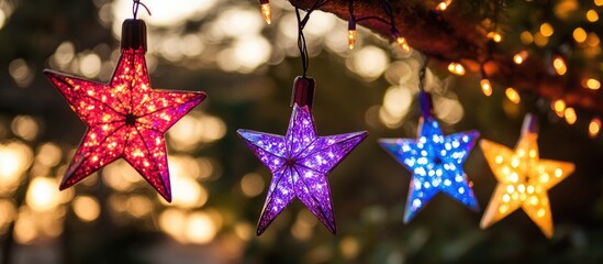 Poster - Colorful star-shaped decorative lights hanging against a blurred background creating a festive atmosphere with bokeh effect Copy Space