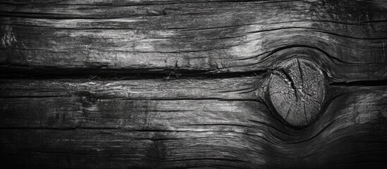 Poster - Black and white textured wood surface with knots and grain patterns ideal for backgrounds and design projects Copy Space
