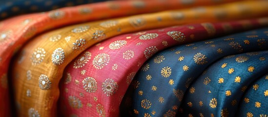 Poster - Colorful textured fabrics with intricate patterns in gold, folded for display, vibrant colors including orange, pink, and blue, Copy Space