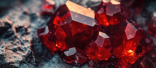 Aufkleber - Close-up view of natural red gemstones on rocky surface with intricate facets and reflections in vibrant colors Copy Space