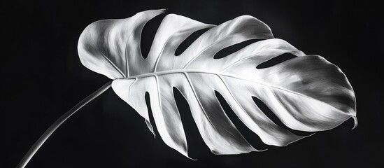 Aufkleber - Monstera leaf in black and white with high contrast against a dark background showcasing texture and detail Copy Space