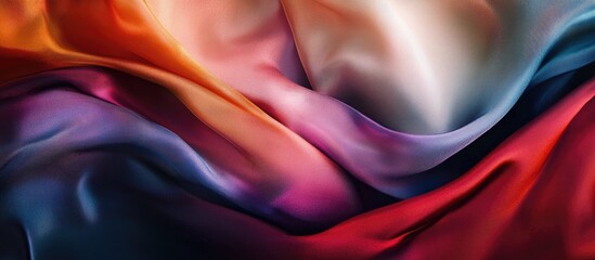 Poster - Silk fabric texture with gradient colors in orange, pink, purple, and blue shades, smooth and flowing, ideal for backgrounds, Copy Space.