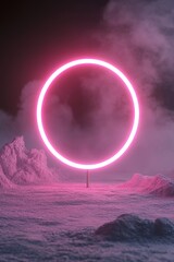Poster - Illuminated by a glowing pink neon halo, a serene landscape emerges with hints of light flares. The elegant focal area invites creativity and thoughtful design, perfect for various projects