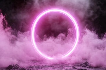 Poster - In an atmospheric setting, a radiant pink neon halo glows in the background, surrounded by gentle light flares