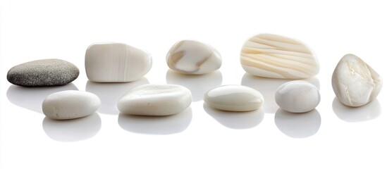 Aufkleber - Collection of smooth white stones and a dark gray pebble arranged in a row on reflective surface with ample copy space