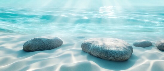 Poster - Serene coastal scene with smooth stones on sandy beach and clear turquoise water gently lapping at the shore Copy Space