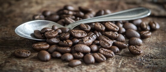 Aufkleber - Close-up of roasted coffee beans with a metal spoon on wooden surface, Copy Space