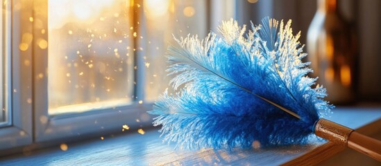 Aufkleber - Blue duster placed on a wooden surface by the window with sunlight filtering through creating a warm atmosphere and dust particles in the air Copy Space